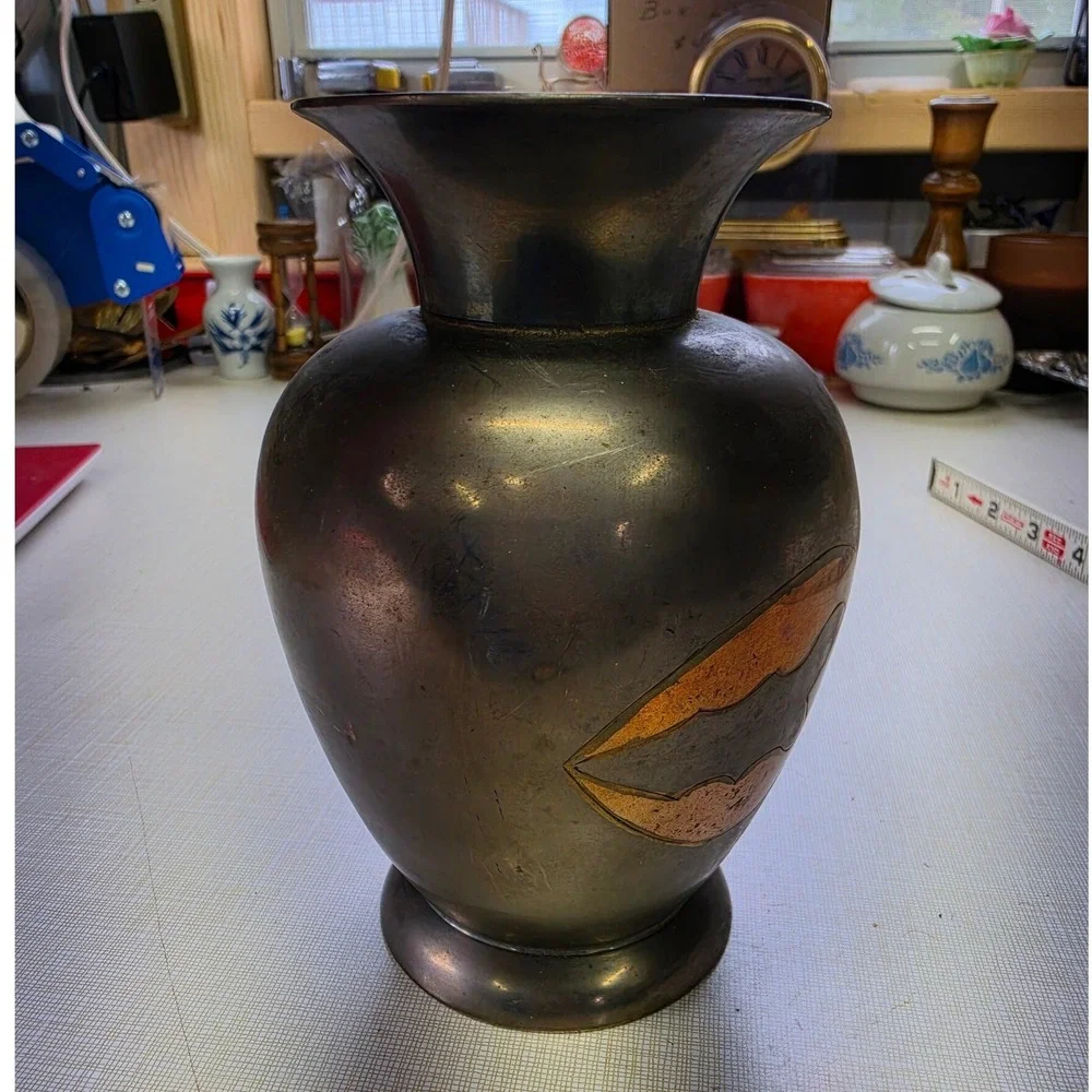 Vintage Art Deco Mixed Metal Vase Copper Brass Inlay Geometric Patinated 6.25in